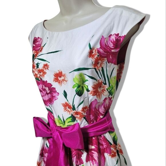 Eliza J Floral Spring Pink & White Bow Belt Scoop-Neck Dress - Picture 5 of 11